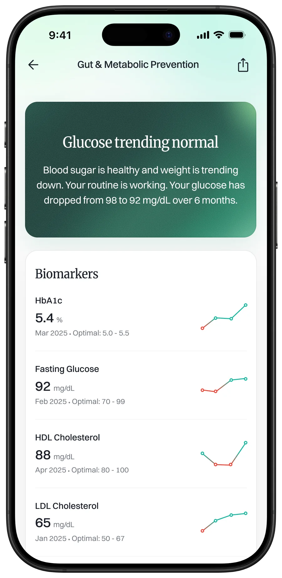 Health Pillars screen showing biomarker timelines on the Genie Health app